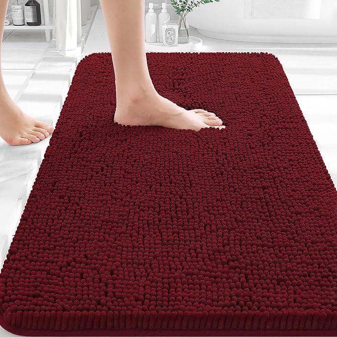 OLANLY Bathroom Rugs 30x18, Extra Soft Absorbent Chenille Bath Rugs, Rubber Backing Quick Dry, Machine Washable Bath Mats for Bathroom Floor, Tub and Shower, Home Decor Accessories, Burgundy