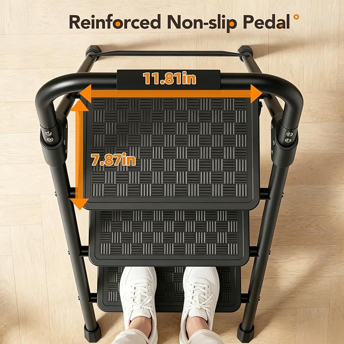 HBTower 3 Step Ladder, Heavy Duty Step Stools for Adults, Safe-Lock Design & Handrail, Step Stool Foldable with Anti-Slip Pedal and Feet, Ladders for Home Kitchen Garage Outdoor, 330 Lbs, Black