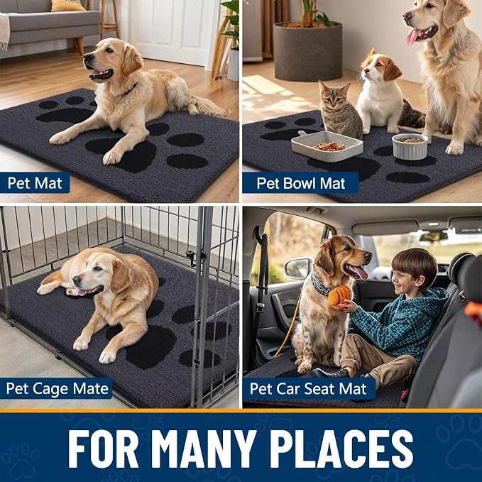 Smiry Dog Door Mat for Muddy Paws, Absorbs Moisture and Dirt, Low-Profile Entryway Mat with Non-Slip Backing, Entry Indoor Outdoor Doormat for Inside Floor (59x35 Inches, Black, Paw