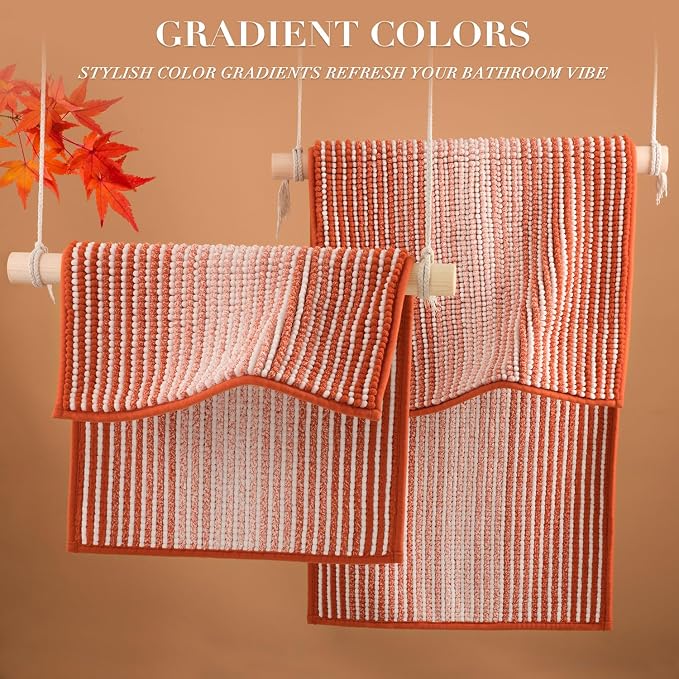Bathroom Rugs and Mats Sets, 2 Piece Thick Absorbent Chenille Bath Mat Rug Set Non Slip, Soft Shaggy Bath Room Floor Mats for Bathroom, Machine Washable (Sunset Orange, 24" x 70" Plus 20" x 32")