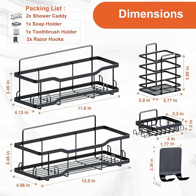 Shower Caddy Bathroom Shelves, The Athena Silken 4 Set, 40LB Capacity, Adhesive Tape No Drill - Rustproof -Gorgeous Powder Coated 304 Stainless Steel Shower Organizer for kitchen & Home Decor - Black