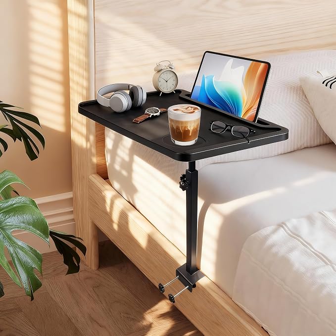 Adjustable Bedside Shelf for Bed, College Dorm Room Essentials, Bamboo Bed Side Tray Table with Sturdy Metal Pole, Clip On Nightstand Organizer for College, Apartment, Bunk Beds