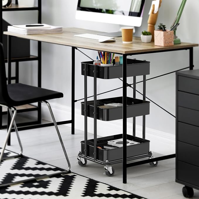 Simple Houseware 3-Tier Compact Utility Rolling Cart, Low 24” Height Fits Under Desk, Space-Saving Storage for Home Office, Dining Room, or Kitchen, Black