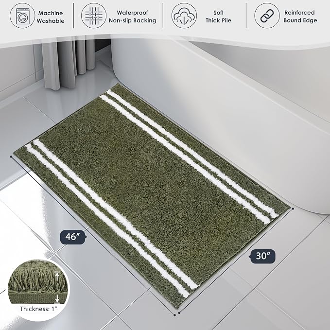 PURRUGS Bathroom Rug Non-Slip Machine Washable 30" x 46", Super Absorbent and Quick Dry Shaggy Microfiber Bath Mat, Extra Soft and Plush Bath Rug for Bathtub, Shower, and Sink, Olive Green