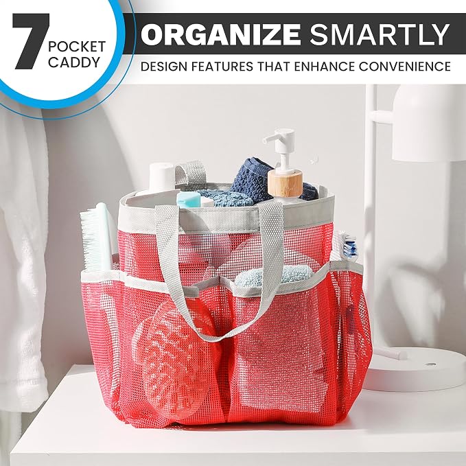 Handy Laundry Mesh Shower Caddy – 7 Pocket Portable Organizer Tote for Dorm, Gym, Travel & Bathroom – Quick Dry Collapsible Bag for College Essentials, Toiletries & Cleaning Supplies (Pink)