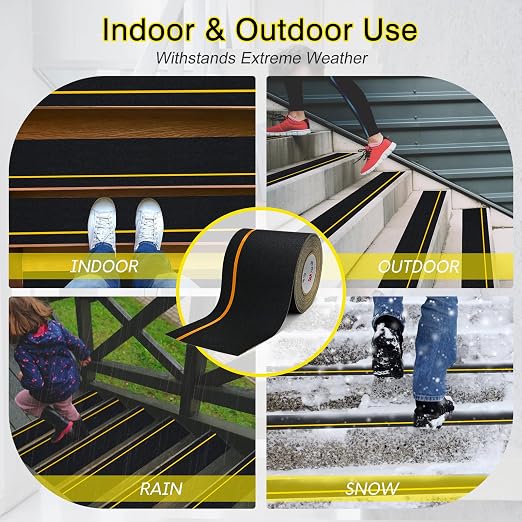 S&X Heavy Duty Anti Slip Tape 6 Inch x 60 Ft, 2X Longer Enhanced Adhesive Grip Tape with Reflective Strip, Outdoor Stair Treads Non-Slip for Steps Ramps Boats Decks Long-Lasting