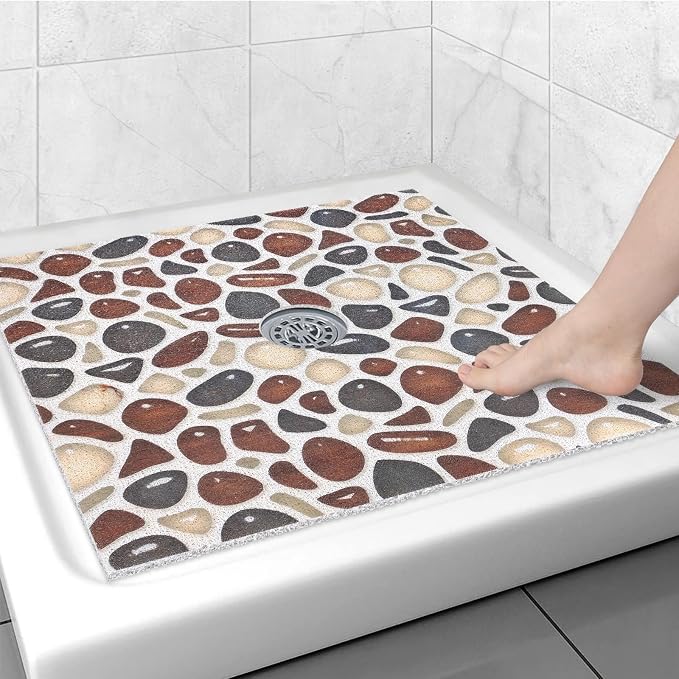 Square Shower Mat Non Slip: 31x31 Inch Large Shower mats for Inside Shower with Drain Hole in Middle, Super Soft PVC Loofah Massage Shower Floor Mat, Anti Slip Shower Stall Mat, Quick Drying