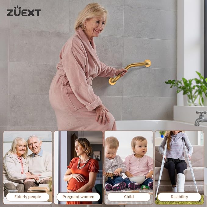 16 Inch Angled Grab Bar, ZUEXT Anti Slip Shower Grab Bar Handles, Brushed Gold Stainless Steel Knurled Bathroom Balance Bar, Safety Hand Rail Support for Handicap Elderly Injury Senior