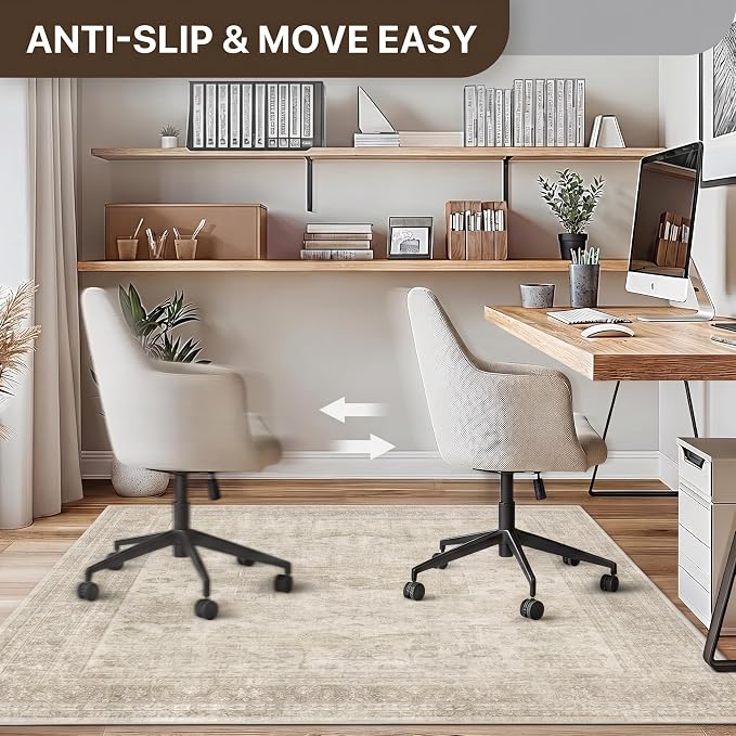 48"x72" Office Chair Mat for Hardwood Tile Floor, Under Desk Carpet Protector for Rolling Computer Chair Mat, Machine Washable Area Rug, Anti-Slip 1/5" Thick Low Pile Thin Vinyl Floor Mat, Ivory