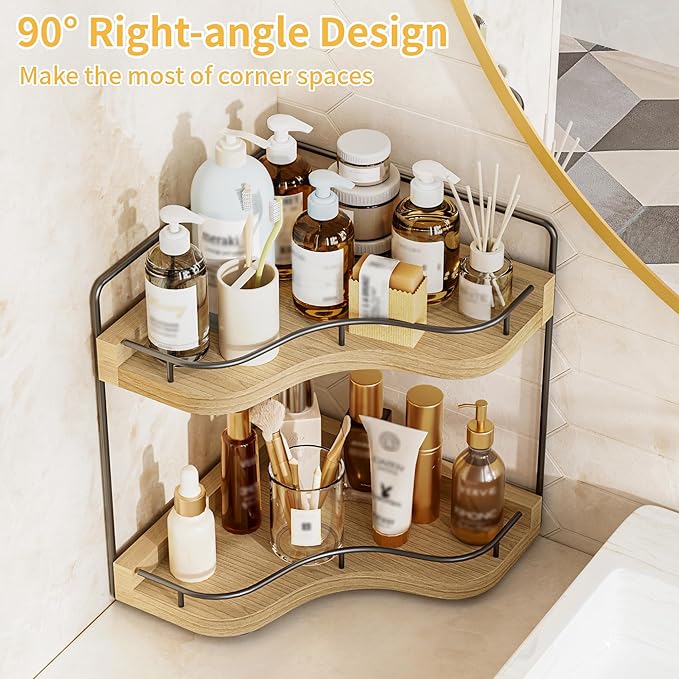 2-Tier Corner Bathroom Counter Organizer with Embedded Screw Holes, Secure & Stable Wood Vanity Shelf for Makeup and Skincare Essentials - Space Saving Bathroom Countertop Storage, ‎‎Light Walnut