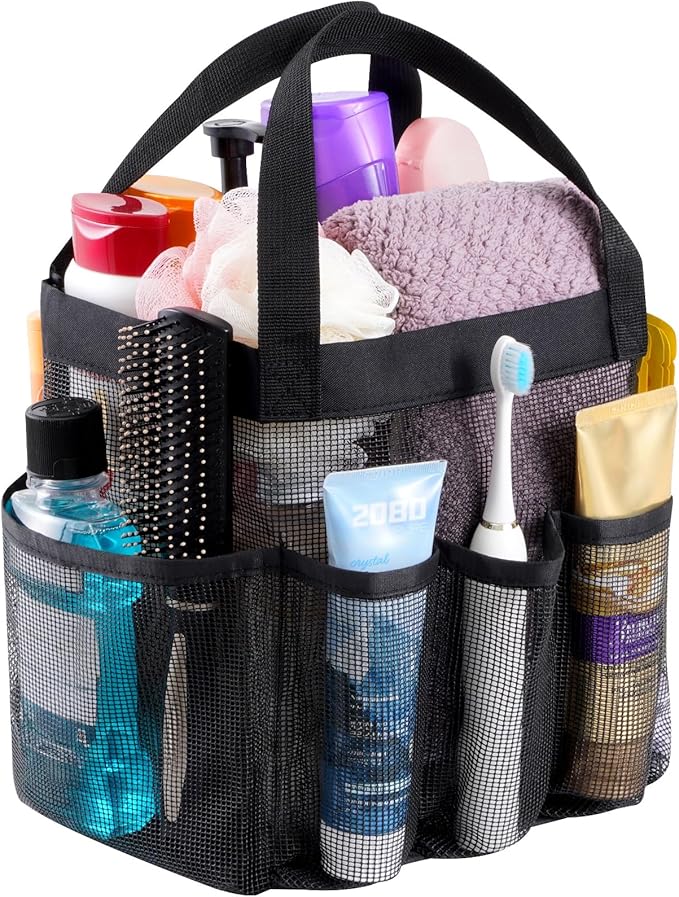 Lifewit Mesh Shower Caddy Portable for College Dorm Room Essentials with 7 Pockets, Freestanding Hanging Organizer Basket, Quick Dry Tote Bag for Camping, Bathroom, Beach, Travel, 1 Pack, Black