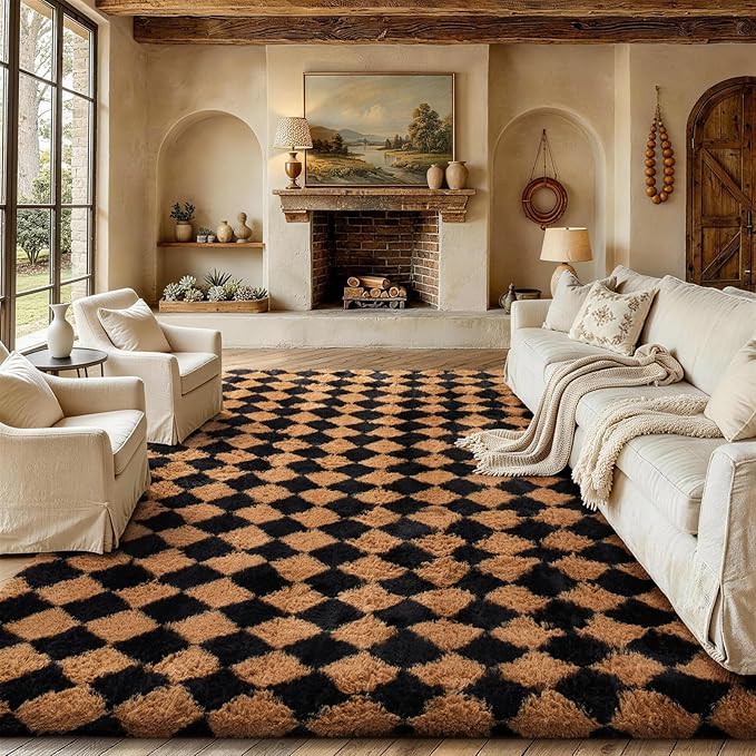 Ophanie 8x10 Black & Beige Diamond Checkered Rugs for Living Room Bedroom, Large Rhombus Fluffy Soft Fuzzy Area Rugs, Plush Shaggy Bedside Floor Carpet for Kids Baby Teen Dorm Home Decor Aesthetic
