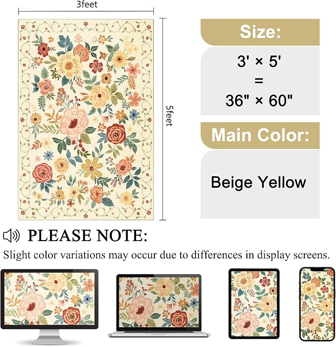 DUKINO 3x5 Area Rug, Floral Rugs for Living Room, Lightweight Non Slip Washable Rug, Indoor Low Pile & Non-Shedding Boho Design Rugs for Bedroom, Living Room, Dining Room, Beige Yellow