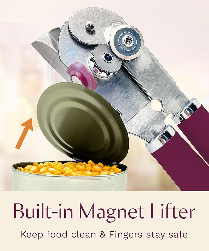 Premium Multifunction Magnetic Manual Can Opener and Bottle Opener, Heavy Duty Stainless Steel Sharp Cutting Blade and Oversized Easy Turn Knob, Soft-Touch Handle, Kitchen Use, Mauve