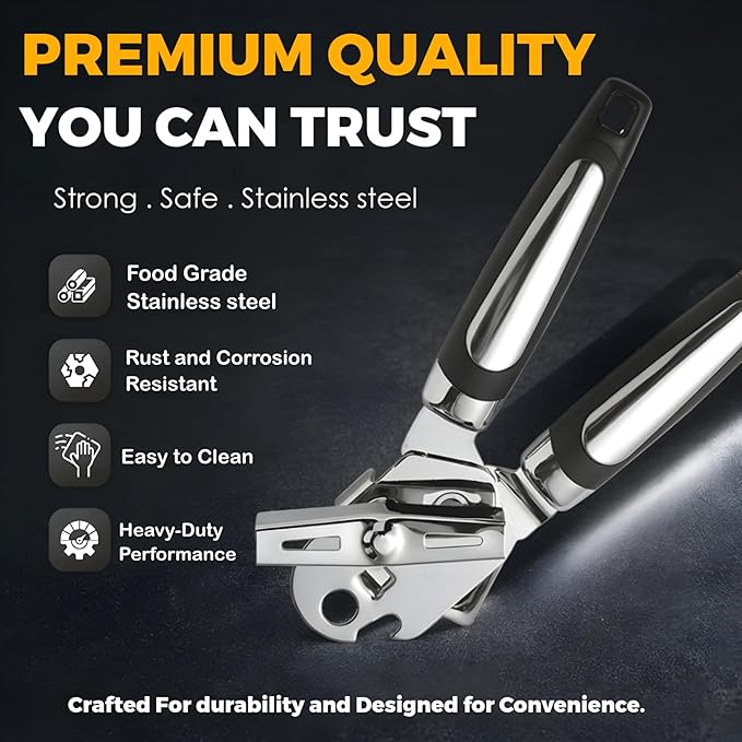 Manual Can Opener – Easy Grip Can Opener Manual, Smooth Edge Design, Durable Stainless Steel, Can Openers for Seniors, Effortless Turning, Kitchen Tool (Silver&Black)