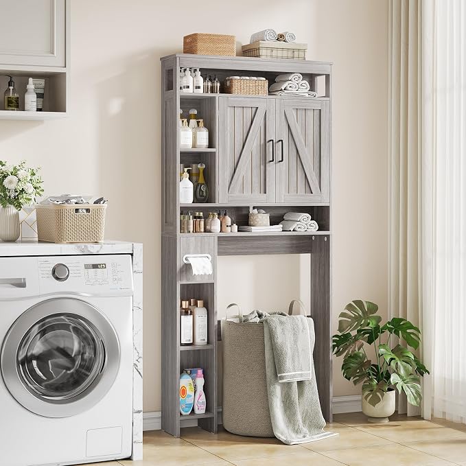 Over The Toilet Storage Cabinet with 2 Barn Doors & Built-in Toilet Paper Holder, Farmhouse Space-Saving Organizer for Bathrooms and Laundry Room, Grey