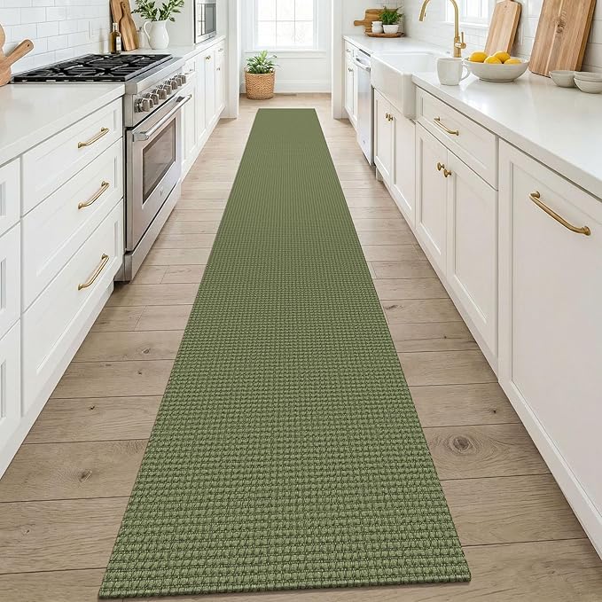 KOZYFLY Cotton 2x14 Runners Rugs for Hallway, Long Washable Runner Rug, Woven Non Slip Kitchen Runner, Flatweave Entryway Rug, Floor Carpet for Entry, Aisle, Hall, Olive Green/Earthy Green