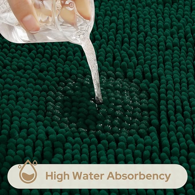 HOMEIDEAS 3 Pieces Bathroom Rugs, Ultra Soft Non Slip Absorbent Chenille Toilet Bath Mat Set (Dark Green)