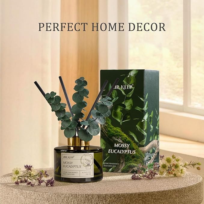 Airkeep Reed Diffuser Set with 6.76 fl oz Moss Eucalyptus Scent Essential Oils and 3 Leaves & 8 Diffuser Sticks,Bathroom Shelf Decor & Air Freshener, House Bedroom Office Decor & Gifts