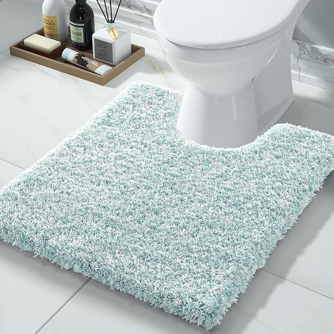 Yimobra Toilet Rugs U Shaped 24X20, Ultra Soft and Water Absorbent Bath Mats, Non Slip Fluffy Luxury Microfiber Contour Bath Rugs for Toilet, Dry Quick, Machine Washable, Sky Light Blue and White
