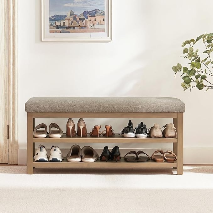 Zihanhome Shoe Rack Bench with Cushion, 2 Tier Solid Wood Storage Bench, Mid-Century Modern Shoe Bench for Entryway, Hallway, Closet, Front Door Entrance, Foyer (Brown, 46.5")