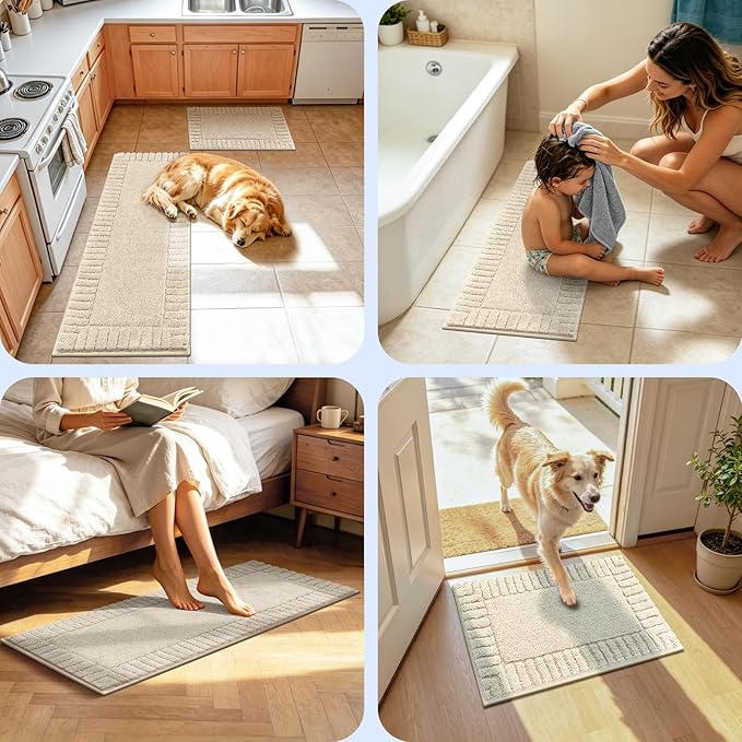 Pauwer Bathroom Rugs Sets 3 Piece Non Slip Machine Washable Bathroom Shower Rugs with U-Shaped Contour Toilet Mat Plush Shaggy Absorbent Microfiber Bath Mat Set, Light Beige