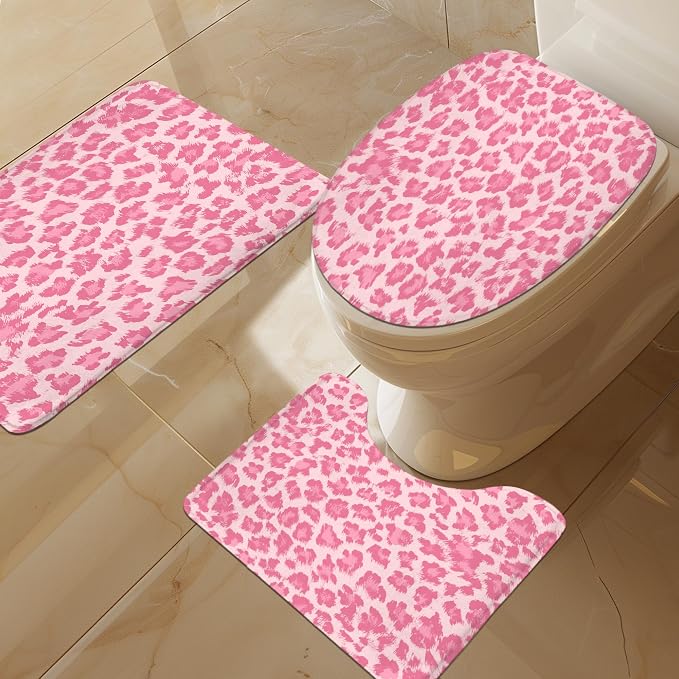 4 PCS Pastel Pink Leopard Print Shower Curtain Set 72Wx72H,Toilet Lid Cover,Non-Slip Rugs and U-Shaped Mat,Wild Cheetah Bathroom Sets with Rugs with 12 Hooks for Bathroom Decor