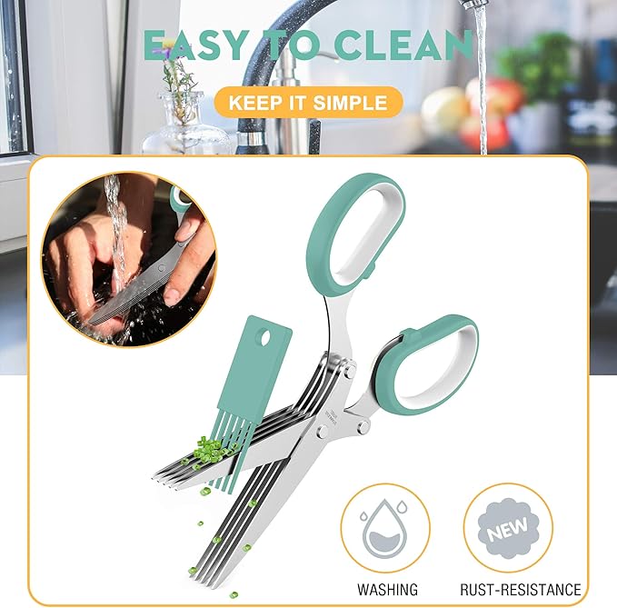 Herb Scissors with 5 Blades and Cover, Kitchen Herb Cutter with Cleaning Comb, Stainless Steel Multi Blade Herb Shears for Basil Parsley Cilantro, Easy Clean Cooking Tool, Unique Kitchen Gadgets Gift