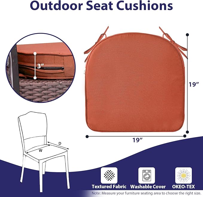 IPYNBAP Outdoor Chair Cushions Set of 4 -Waterproof Outdoor Seat Cushions for Patio Furniture, Patio Chair Cushion with Handle and Ties, Out Door Chair Pads,19x19x3-Round, Spice