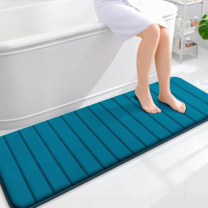OLANLY Memory Foam Long Bathroom Rugs Runner 59x20, Super Soft Absorbent Bath Mat, Quick Dry, Machine Washable Shower Floor Rugs, Bathmat Carpet, Bathroom Home Decor Accessories, Peacock Blue