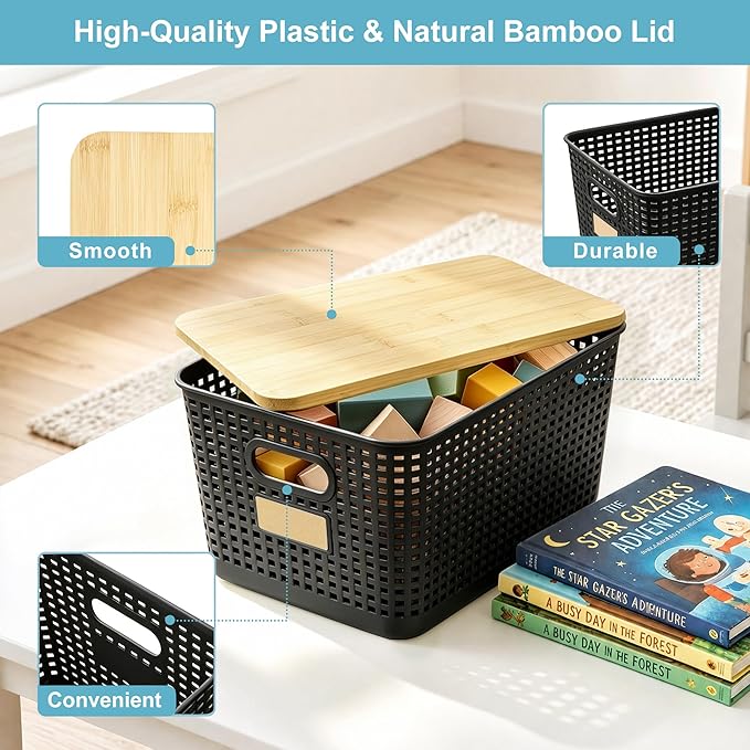 Bagnizer 2 Pack Tall Plastic Storage Bins with Bamboo Lids, 10.8qt Stackable Storages Baskets for Organizing Desktop Closet Playroom Classroom Office, 12"L x 8.3"W x 6.1"H, Black
