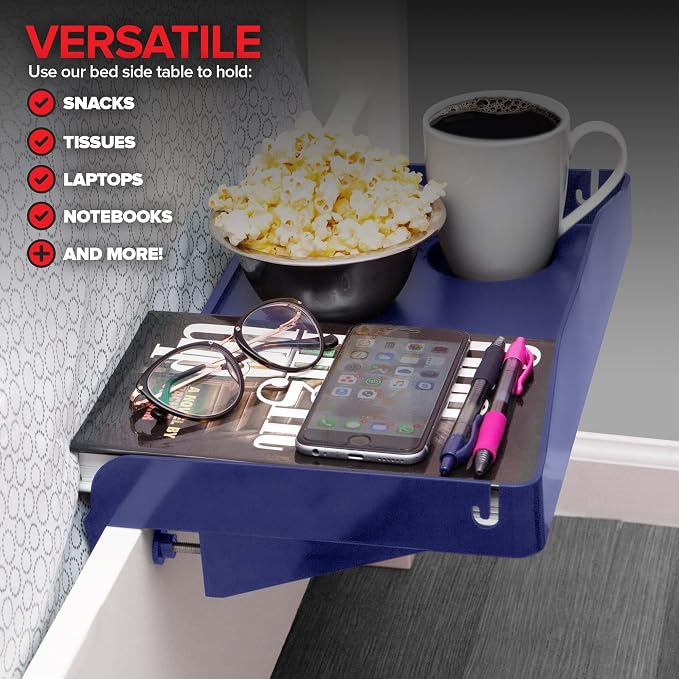 Modern Innovations Bedside Shelf for Bed, College Dorm Room, Bunk Bed Shelf for Top Bunk, Clip On Nightstand Tray with Cord and Cup Holder, Bunkbed Caddy for Table Storage (Navy)