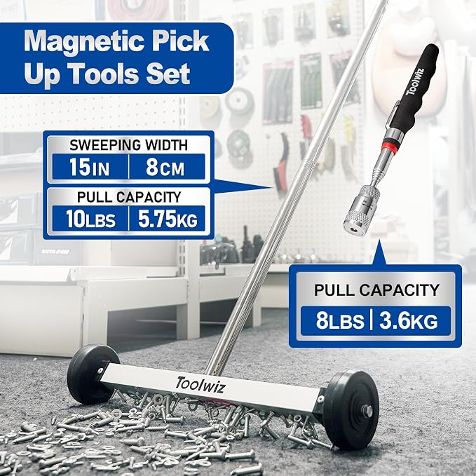 Toolwiz 15" Rolling Magnetic Sweeper 10lbs, with 8 lbs Telescopic Magnetic Pick Up tools with LED light– Telescoping Holder to Pick Up Nails Magnetic Sweeper for Construction