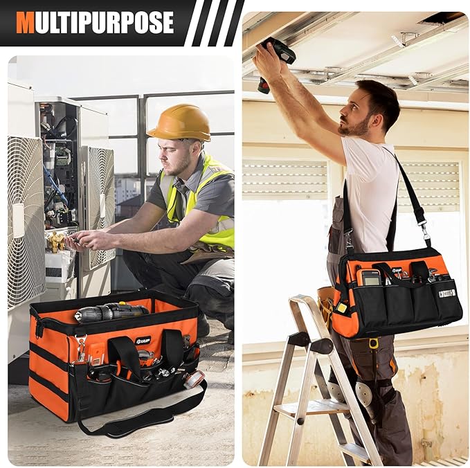 UUP Heavy Duty Tool Bag 18-Inch, 16-Pocket Portable Soft Tool Box Organizer Storage, Handle Tactical Carry Tote Empty Toolbox with Large Zipper, Father Day Dad Men Gift for Mechanic Engineer, Orange