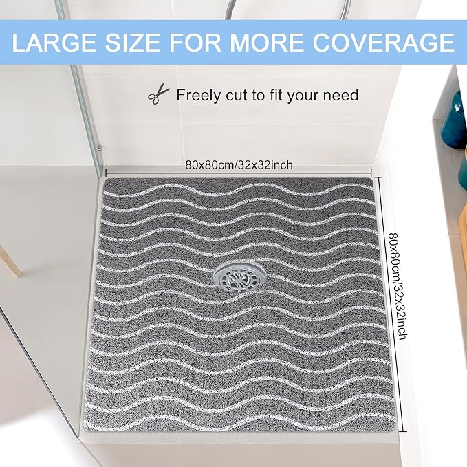Square Shower Mat 32x32 Inch Non Slip Large Bath Mat for Inside Shower Loofah Soft Textured Bathroom Floor Mat Foot Massage Scrubber for Wet Area, Not Suction Cups, Quick Drying (White Wave Lines)