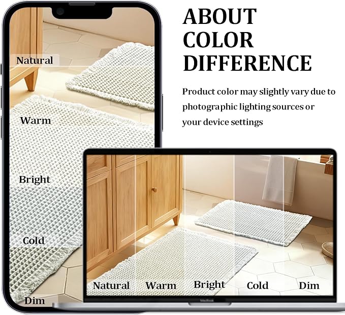 JIUZHEN Set of 2 Waffle Bath Mats Super Absorbent Boho Bath Rugs Non Slip Washable Bathroom Rugs Ultra Soft Machine Washable Shower Mats for Bathroom Floor, Tub, 16" x 24" +24" x 36", Cream