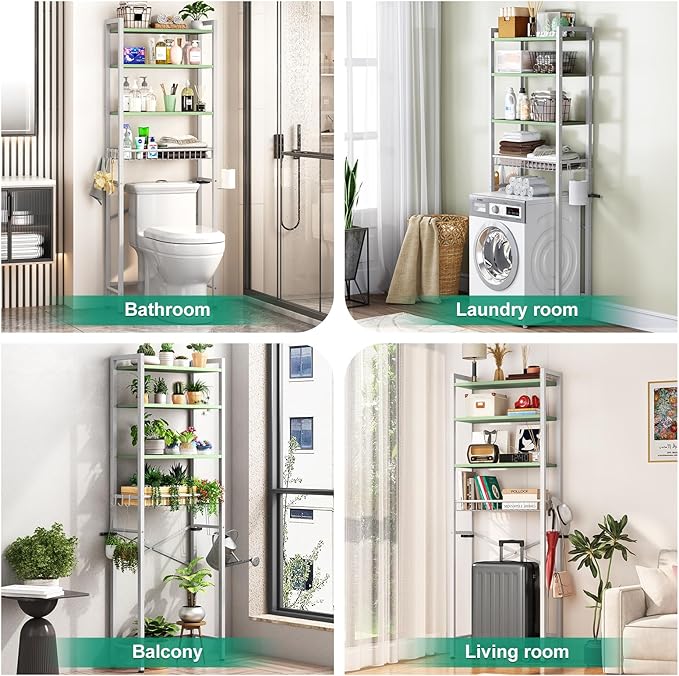 Kalrin Over-The-Toilet Storage Rack, 4-Tier Bathroom Organizer Shelf Over Toilet with Adjustable Shelf and Basket, Freestanding Space Saver Bathroom Shelves Above Toilet for Room (Avocado Green)