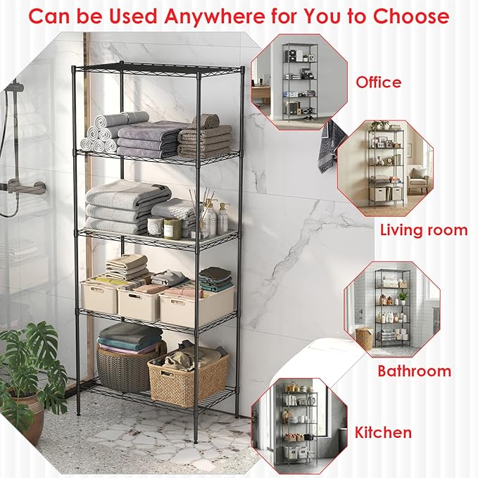 BestOffice | 5-Tier Wire Storage Shelves | 14 x 24 x 60 | Black | with Adjustable Racks | Metal Shelf, Holds Upto 500 lbs | No-Tool Assembly | Ideal for Home & Garage Shelving