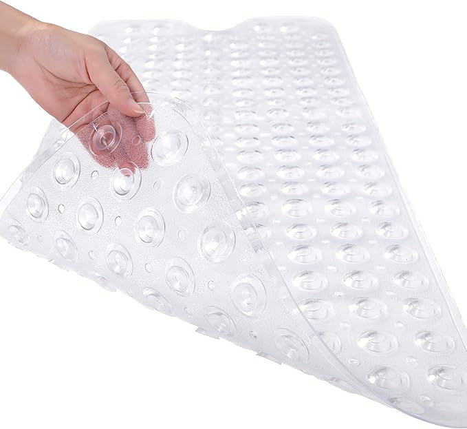 TEESHLY Bathtub Mats for Shower Tub, Extra Long Non-Slip 39 x 16 Inch Bath Mat with Drain Holes and Suction Cups, BathMat for Bathroom with Machine Washable (Clear)