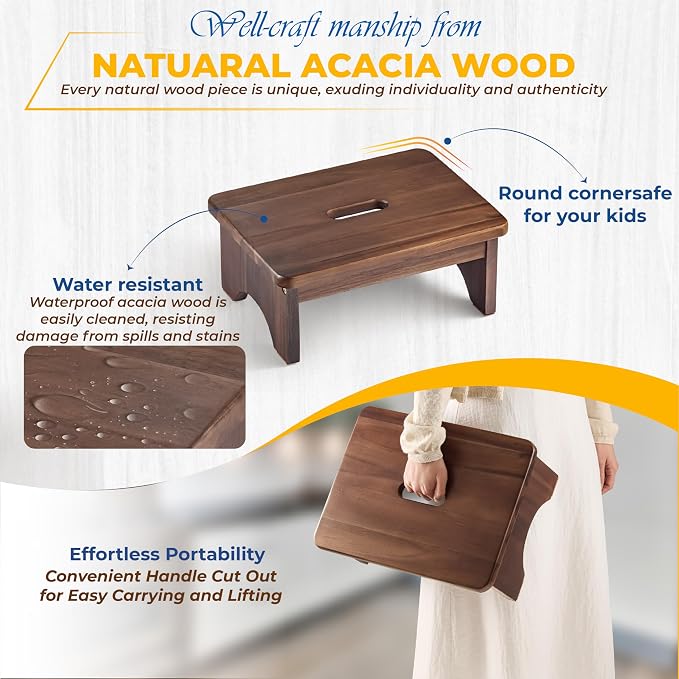 FANATU Wooden Step Stool, 6.5'' One Step Stool for Adults,Wooden Beside Step Platform with 550 Lbs Load Capacity, Heavy Duty/Portable/Nonslip/Durable Construction Safe Step Support for Bedroom/Kitchen