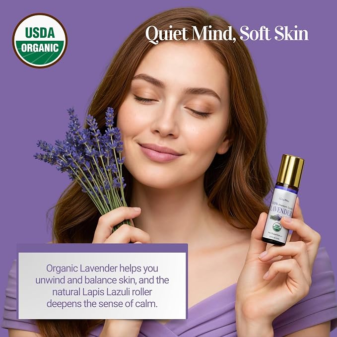 Lavender Essential Oil Roll On for Sleep Anxiety Stress Relief - 100% Pure USDA Organic Pre-Diluted MCT Coconut Oil - Calming Relaxing Bedtime Aromatherapy Yoga - Gemstone Roller 10ml Travel Size