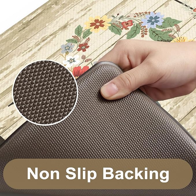 KIMODE Anti Fatigue Mats for Kitchen Floor,Farmhouse Floral Rugs Sets of 2,Cushioned Carpet Non Slip,Wide Memory Foam Runner for Bathroom Sink Laundry Office,Beige 20"x47"+20"x32"