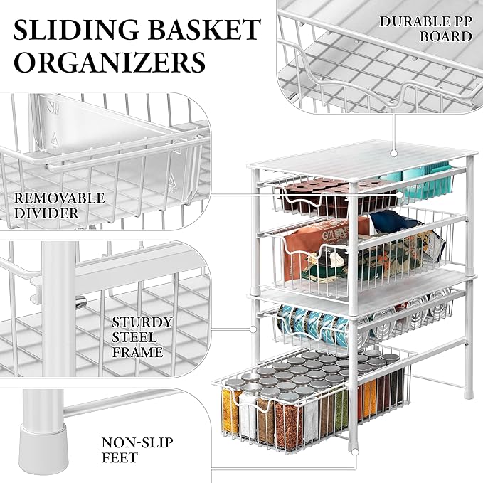 Simple Houseware Stackable Sliding Basket Organizer Drawer, White, 2-Tier