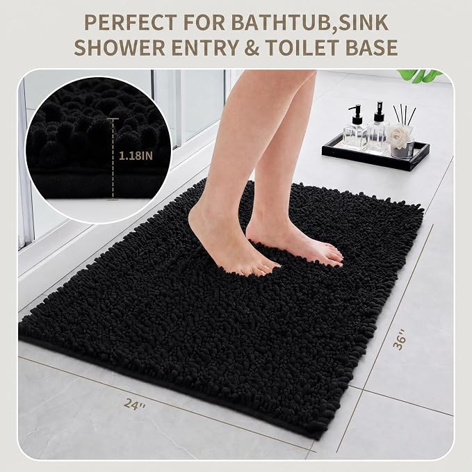 Bathroom Rugs Non Slip Washable 36x24, Extra Thick Soft Chenille Absorbent Bath Mat, High Density Barrier Non Slip Backing, Quick Dry Plush Shaggy Floor Carpet for Tub&Shower, Black