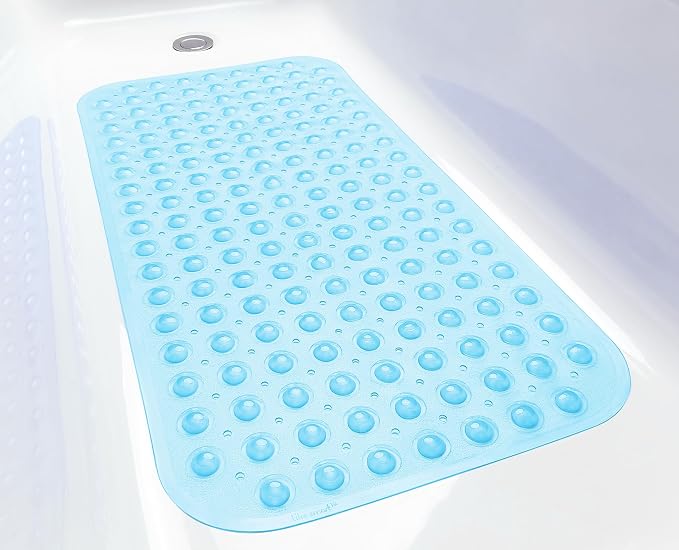 Large Non-Slip Bathtub & Shower Mat 31 inch x16 inch (Smooth/Non-Textured Tubs Only) Safe, Clean, Machine-Washable, Superior Grip&Drainage, Vinyl, Transparent Light Blue, Medium