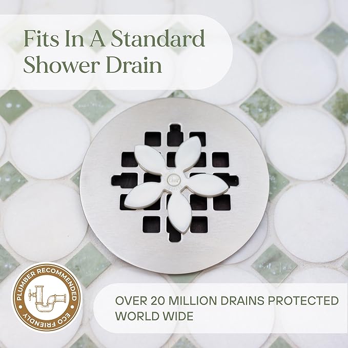 DrainWig Shower Drain Hair Catcher – Disposable Bathroom Hair Trap, Easy to Install in Shower Drain Cover, Helps Prevent Clogs – As Seen on Shark Tank – White Flower (12-Pack)