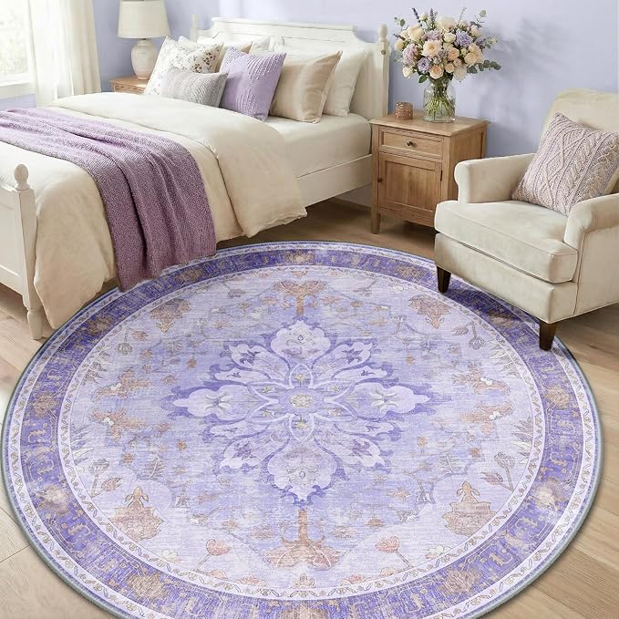 RELEANY Area Rugs Round 6ft Washable Non-Slip, Floral Vintage Distress Medallion Carpet for Living Room Bedroom Dining Room, Light Purple Brown