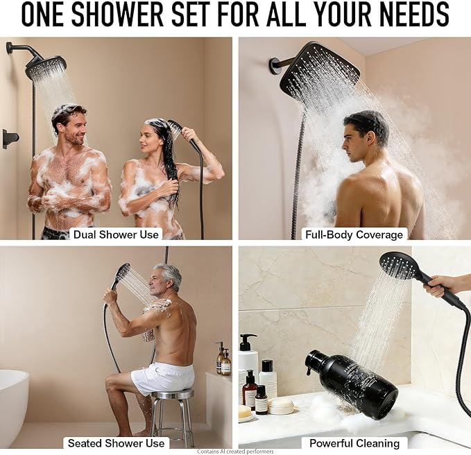 Veken 11.8 Inch Rain Shower Head with Handheld- High Pressure Dual Shower Heads with 5 Modes Hand held Spray Combo- Wide Rainfall Showerhead with Hose, Bathroom Accessories, Matte Black