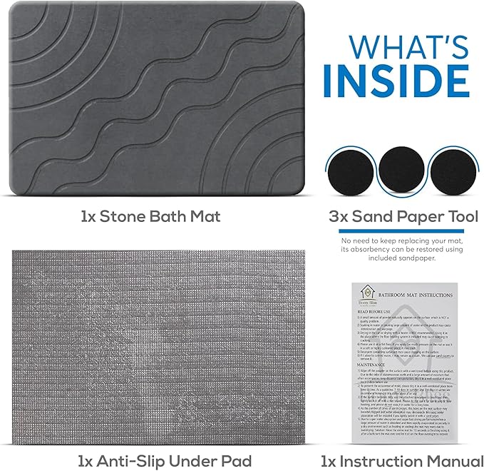 Stone Bath Mat Quick Drying Diatomaceous Earth Bath Mat Non Slip Shower Mat Super Absorbent Stone Bath Mats for Bathroom, Floor, Kitchen Counter, Easy to Clean (23.6” X 15.3”, Dark Gray)