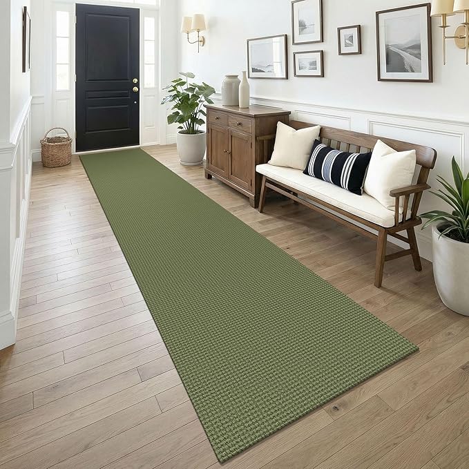 KOZYFLY Cotton 2.5'x14' Runners Rugs for Hallway, Long Washable Runner Rug, Woven Non Slip Kitchen Runner, Flatweave Entryway Rug, Floor Carpet for Entry, Aisle, Hall, Olive Green/Earthy Green